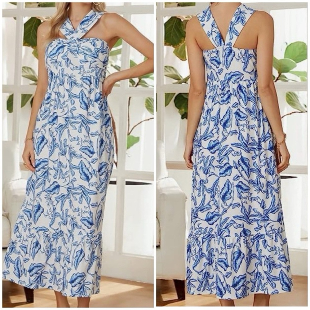 Blue Leaf-Print Halter Maxi Dress - Women